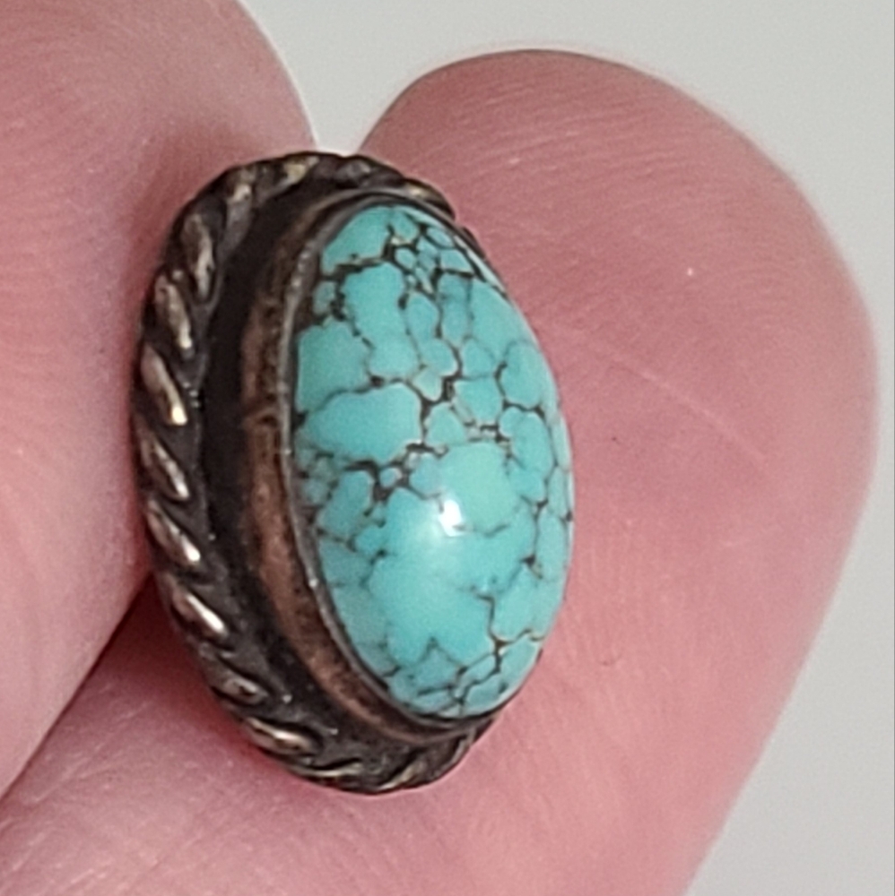 Vintage Navajo Sterling Silver Turquoise Spiderweb Tie Tack Brooch Pin NA Vtg